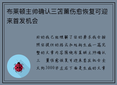 布莱顿主帅确认三笘薰伤愈恢复可迎来首发机会